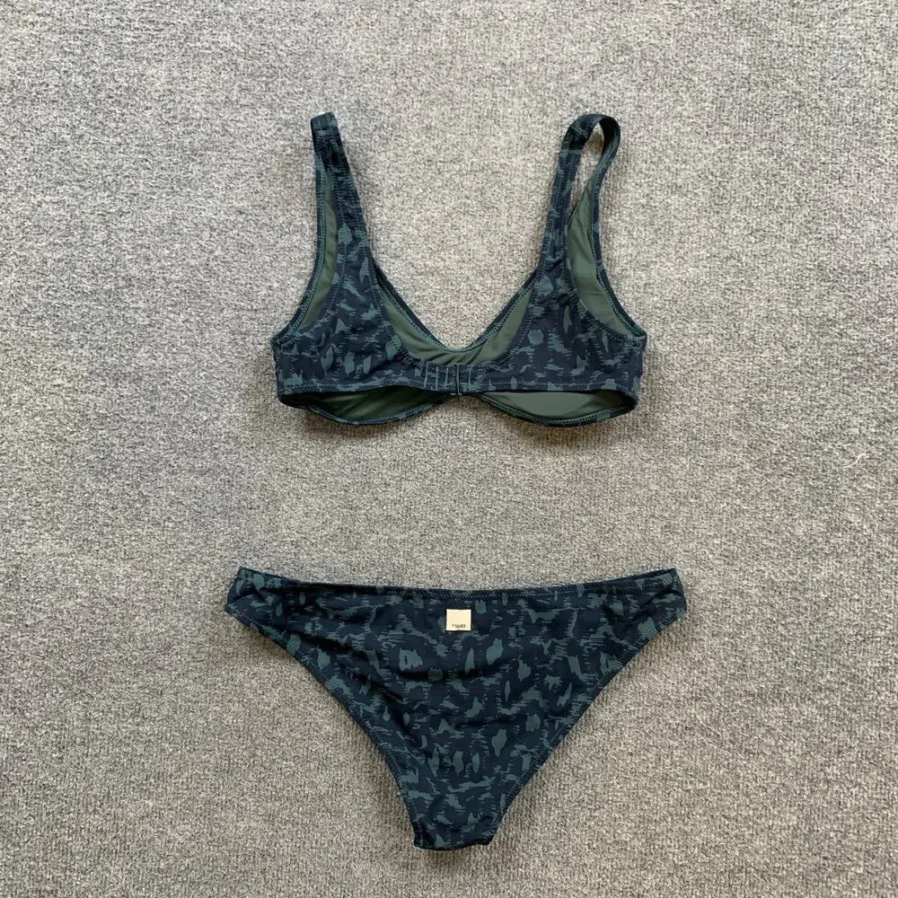 Vuori Bikini Set Womens L Large Aqua Leopard Print Padded Triangle Top Bottom